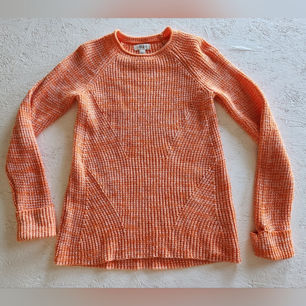 Style & Co. woman's crewneck pointelle knit sweater Orange white marled small